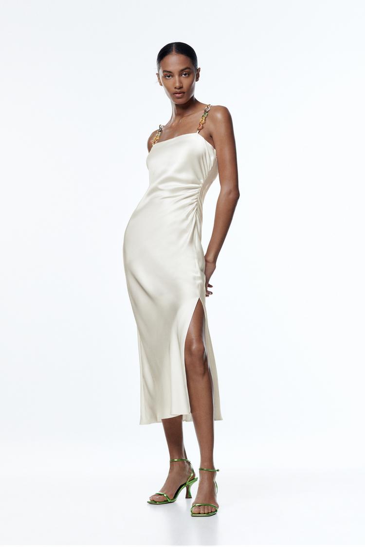 White silk spaghetti strap dress sales